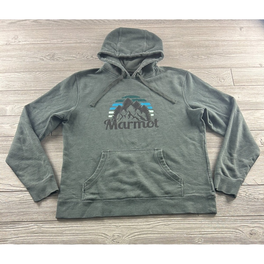 Marmot Hoodie Mens Large Gray Graphic Logo Mountain Outdoor Pullover Fleece